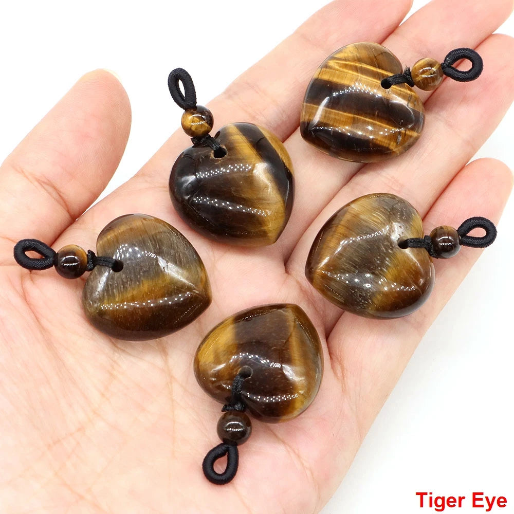 24mm Heart Shape Pendants Natural Stone Healing Crystal Quartz Tiger Eye Energy Gemstones for Jewelry Making DIY Necklace Gifts