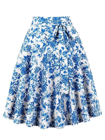 Women's High Waist Pleated Midi Skirts Female Summer Plaid Vintage Casual A-line Loose Skirt With Belt Pocket