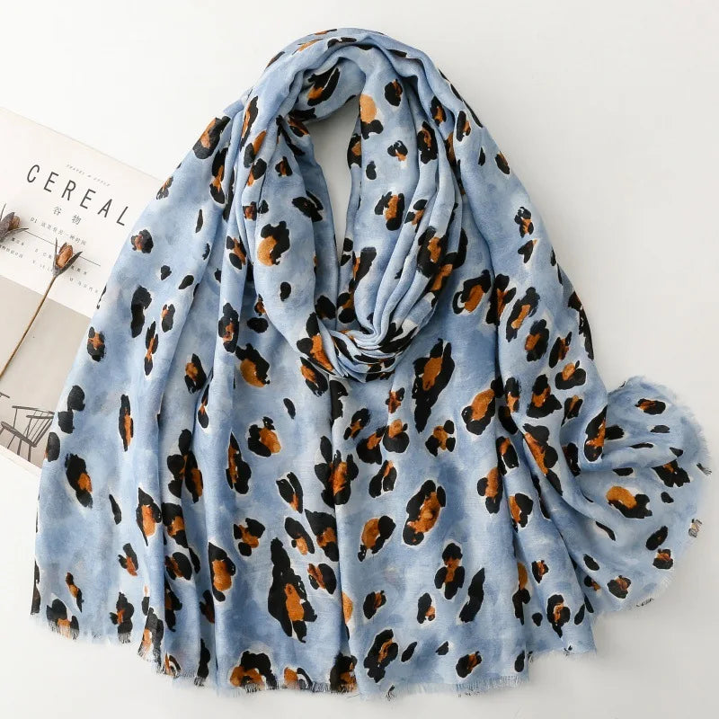 88*180cm Leopard Print Women Viscose Scarf Summer Beach Shawl Cotton Linen Feeling Tassel Pashmina Muslim Hijab Wrap Lady