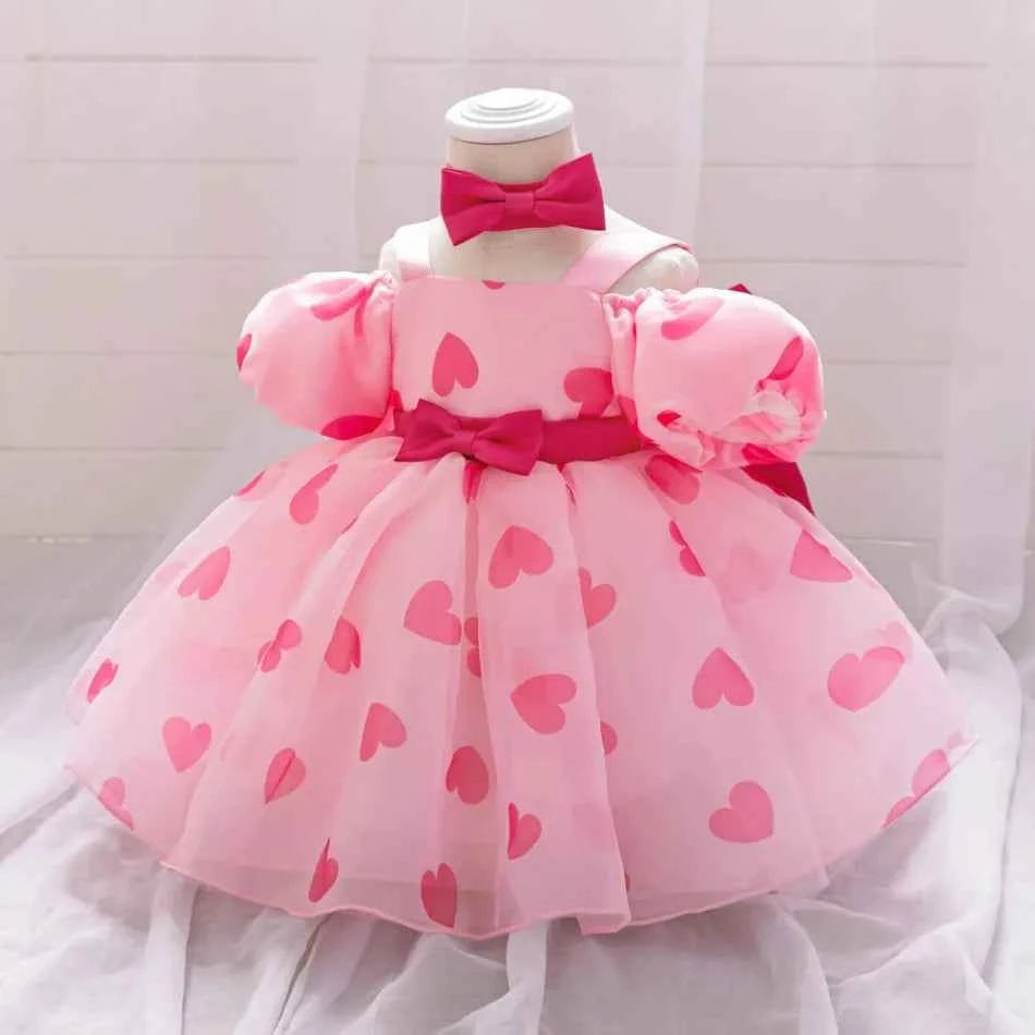 Infant Big Bow Love Print Baby Party Girls Dress Puff Sleeve Pink Tutu 1st Birthday Prom Dresses Girl Wedding Princess Ball Gown