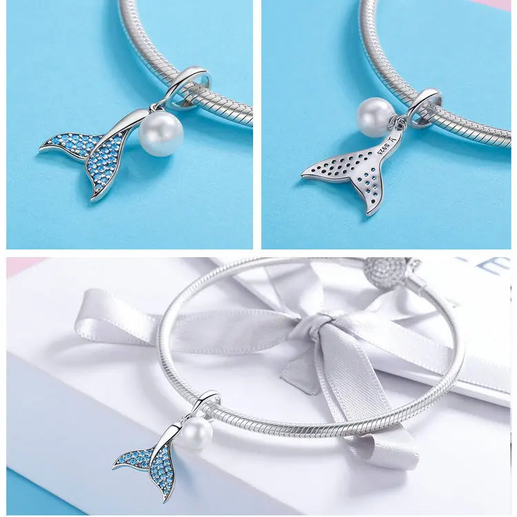 BISAER 925 Sterling Silver Charm Ocean Style Fish Dolphin Mermaid Shell Blue CZ Bead For Necklace&Bracelet DIY Fine Jewelry Gift - AMULET RING STORE