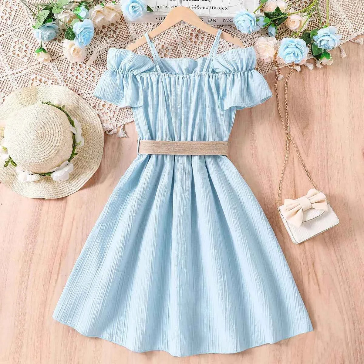 Girls Casual Dresses One-line Shoulder Strap Patchwork Lace Dress Kids Clothes Girls 8 To 12 Years Princess Dress for Girls