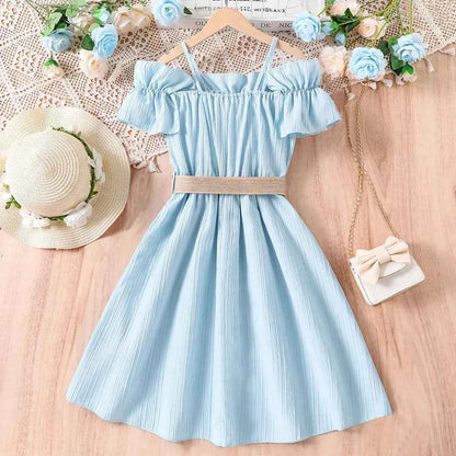 Girls Casual Dresses One-line Shoulder Strap Patchwork Lace Dress Kids Clothes Girls 8 To 12 Years Princess Dress for Girls