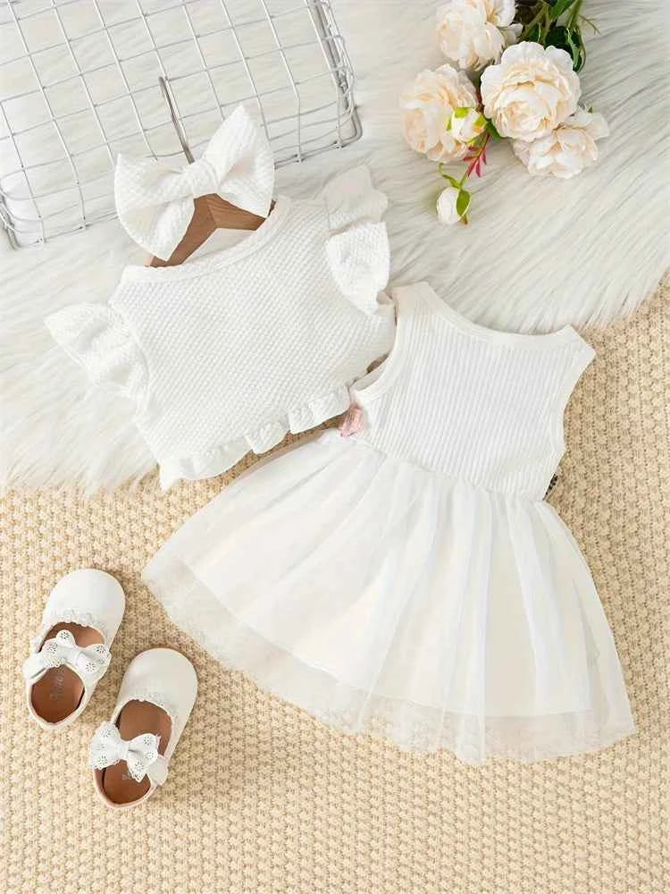 Newborn 2024 Baby Girls Dress Summer Waist Flower Vest Sleeveless Short Top Sweet Girl Lace Mesh Dress