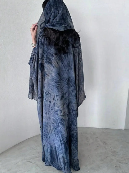 Women Tie Dye Loose Abaya Full Sleeve Open Front Abayas Turkey Kaftan Middle Eastern Arabian Maxi Dresses Jilbabs Without Hijab - AMULET RING STORE