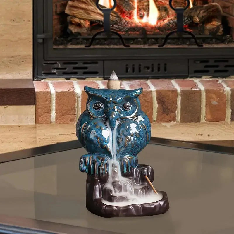 Waterfall Incense Burner Owl-Shaped Figurines Home Decor Waterfall Incense Holder Aesthetic Burning Pot Desktop Decorations For - AMULET RING STORE
