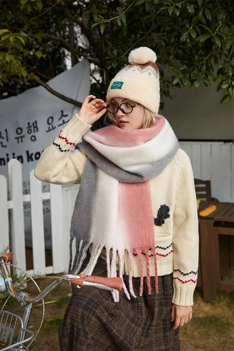 New Fashion Mohair Stripted Tassel Scarf Women Autumn Winter Korean Version Thickened Warm Soft Female Shawl Colorful Muffler