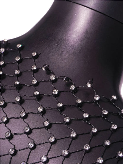 Sexy see through black rhinestone Crop Top Women 2025 Summer Sparkly fishnet beach Party Tank Top night club outfits Tops smock - AMULET RING STORE