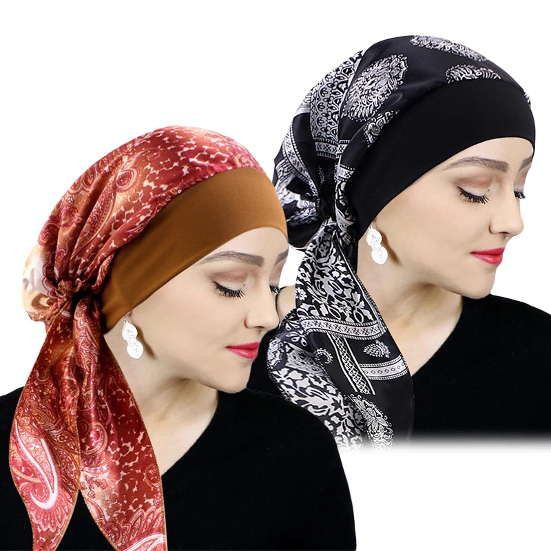 Printed Pre-tie Headscarf Women Elastic Muslim Female Turban Cancer Chemo Hat Hair Loss Cover Head Wrap Headwear Stretch Bandana - AMULET RING STORE