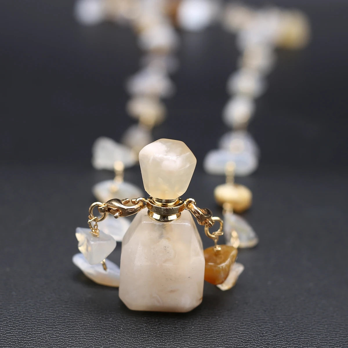 Perfume Bottle Necklace Natural Stone Cherry Blossom Agate Perfume Bottle Pendant For Women Christmas Halloween Gift Chain 80cm - AMULET RING STORE