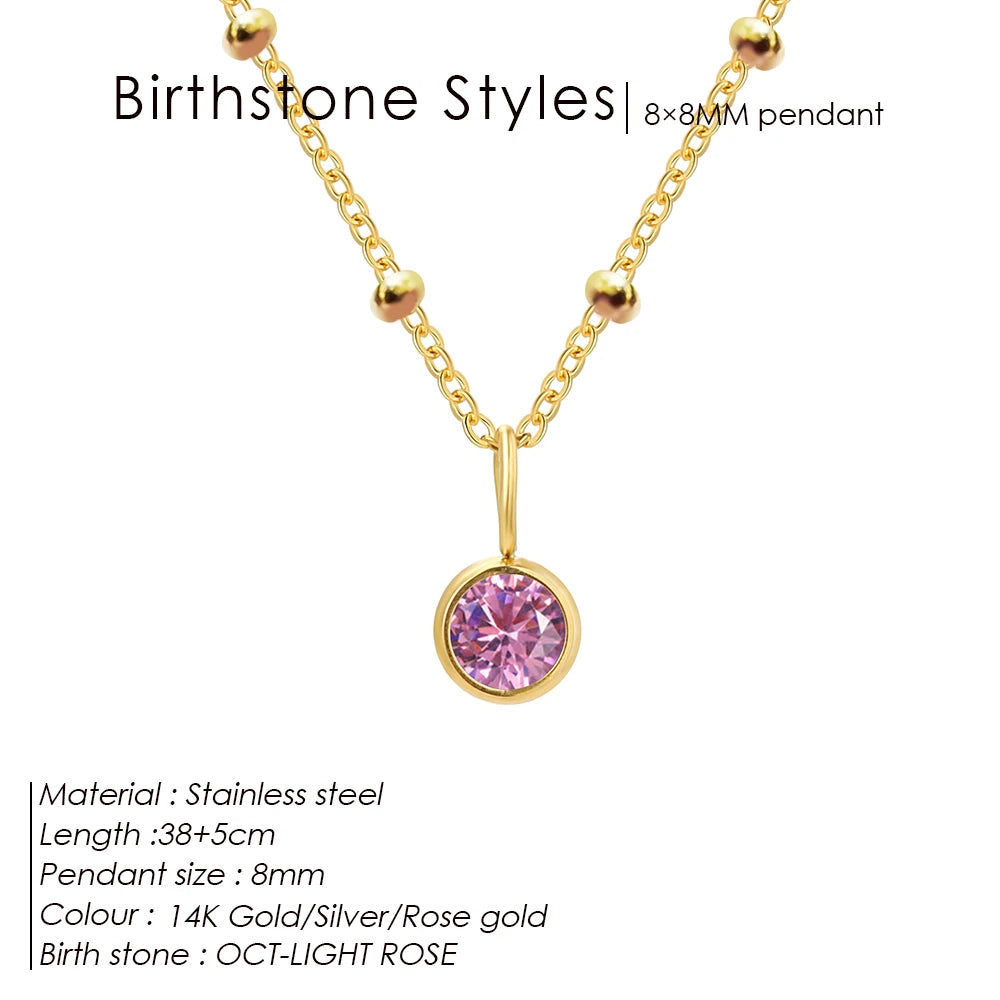 Stainless Steel Birthstone Necklace Beaded Chain Zirconia Pendant DIY Necklace Constellation Birthday Gift Jewelry Wholesale