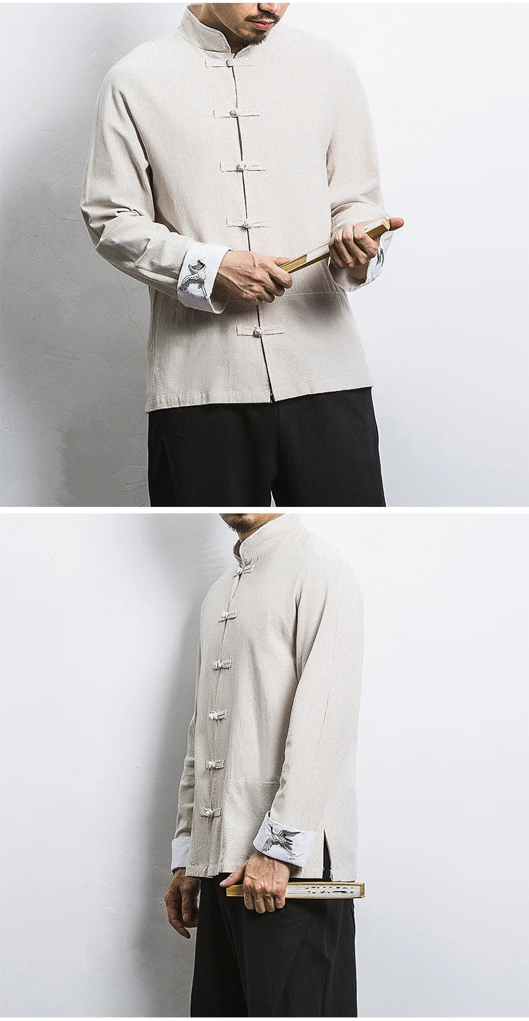 New Crane Embroidery Top Traditional Chinese Clothing for Men Vintage Half Sleeve Linen Shirts Solid Madarin Collar Hanfu Kungfu