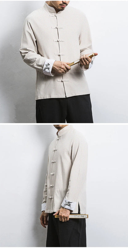 New Crane Embroidery Top Traditional Chinese Clothing for Men Vintage Half Sleeve Linen Shirts Solid Madarin Collar Hanfu Kungfu