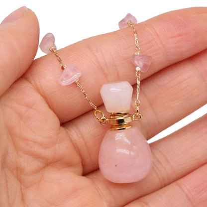 Natural Stone Rose Quartz Perfume Bottle Essential Oil Diffuser Reiki Healing Exquisite Necklace Jewelry Gift - AMULET RING STORE