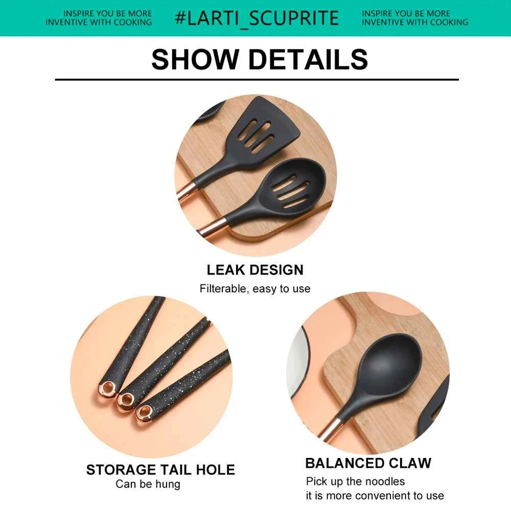 Good Quality Silicone Kitchen Utensils Set Rose Gold Plated Handle Cooking Tool Non-stick Heat Resistant Kitchenware Accessories