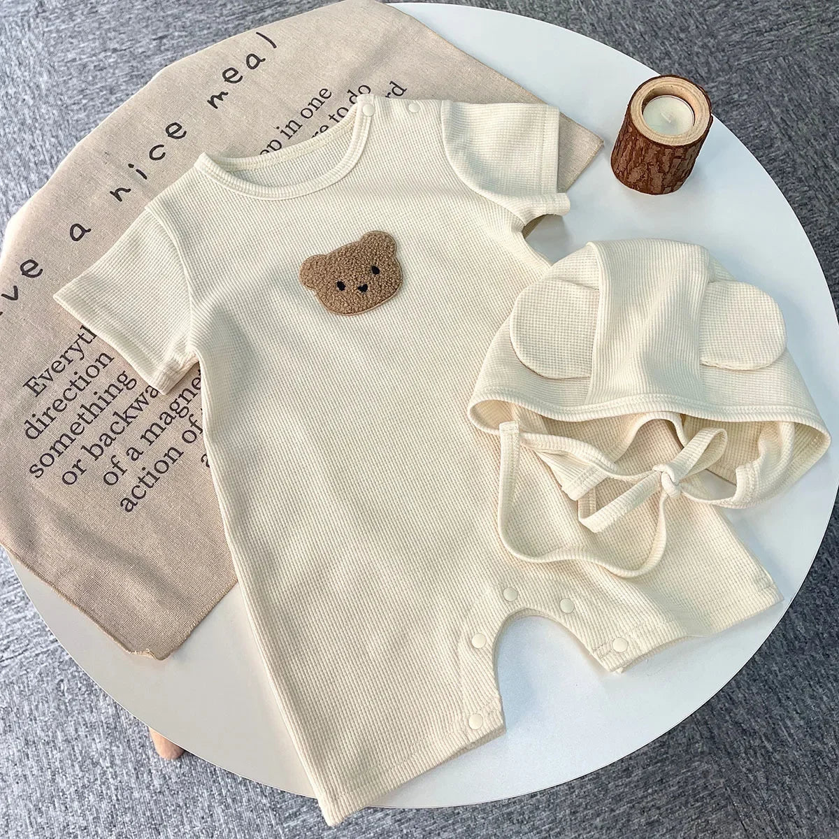 Cotton Romper Gift Hat with Ear New In Summer Kids Baby Girls Boys Short Sleeve Waffle Patch Bear Infant Newborn Jumpsuits - AMULET RING STORE