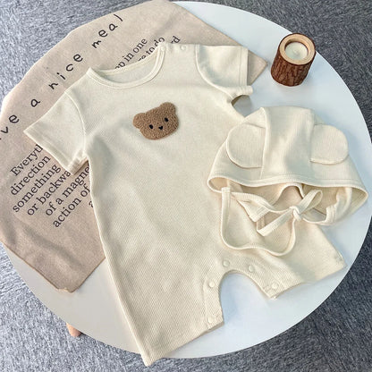 Cotton Romper Gift Hat with Ear New In Summer Kids Baby Girls Boys Short Sleeve Waffle Patch Bear Infant Newborn Jumpsuits - AMULET RING STORE