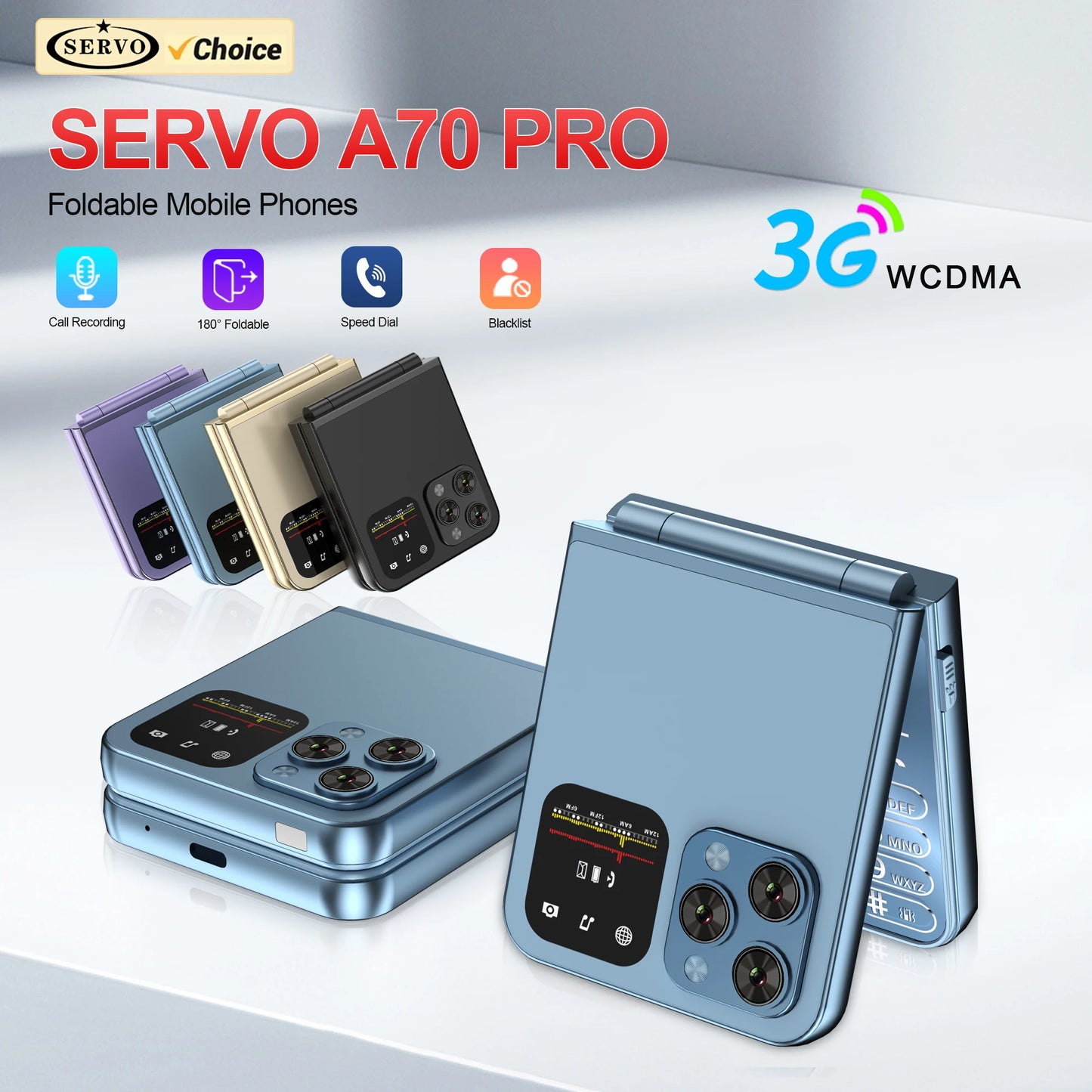 SERVO A70 Pro 3G Network Foldable Phone Speed Dial Call Recording FM Radio Flashlight Key 2.6" Screen Flip Phones 2 SIM Standby