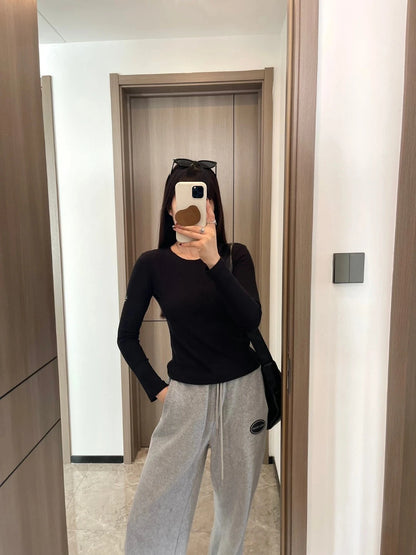 Women's Sports Quick Drying Fitness Yoga Top Simple Black White Long Sleeved Threaded T-shirt Fashion Solid Color Cotton T-shirt