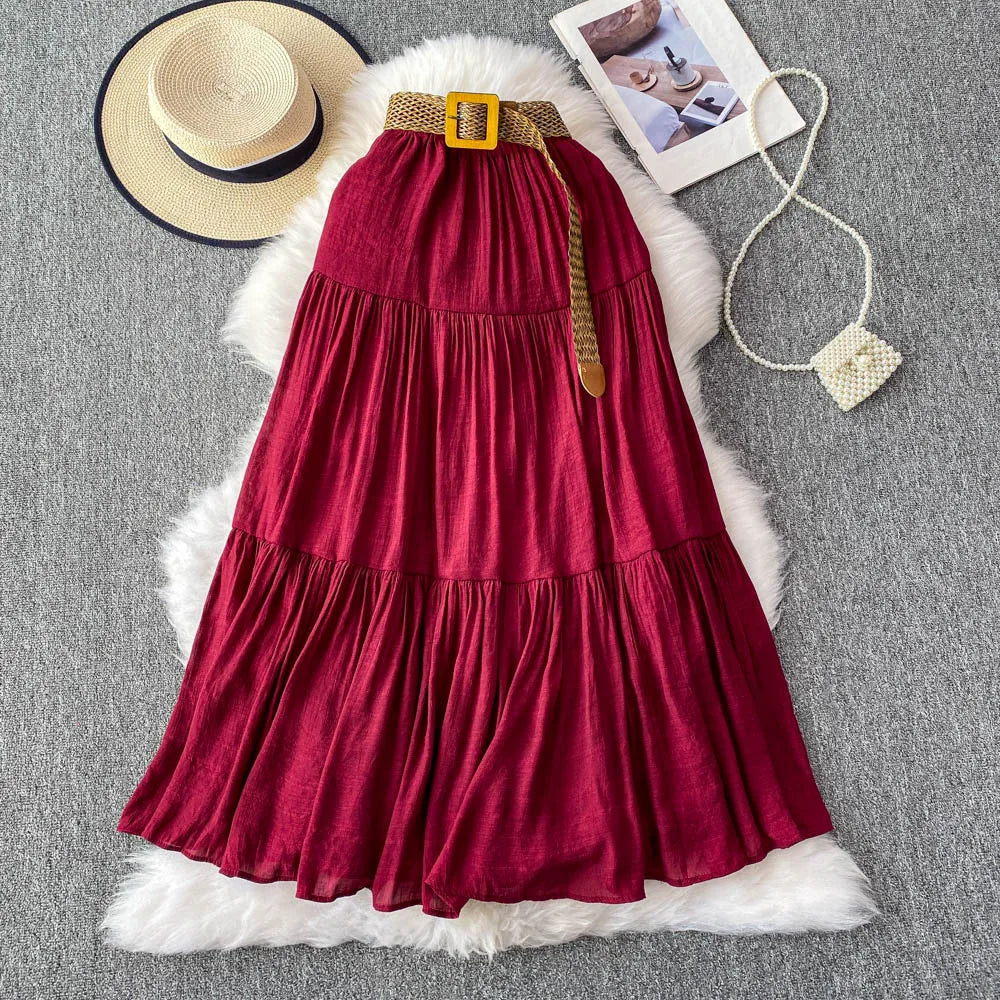 White High Waist A-Line Midi Skirt Women's Summer Casual Flared Cake Skirt Korean Sle Baking Poer Skirt for Young Women