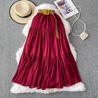 White High Waist A-Line Midi Skirt Women's Summer Casual Flared Cake Skirt Korean Sle Baking Poer Skirt for Young Women