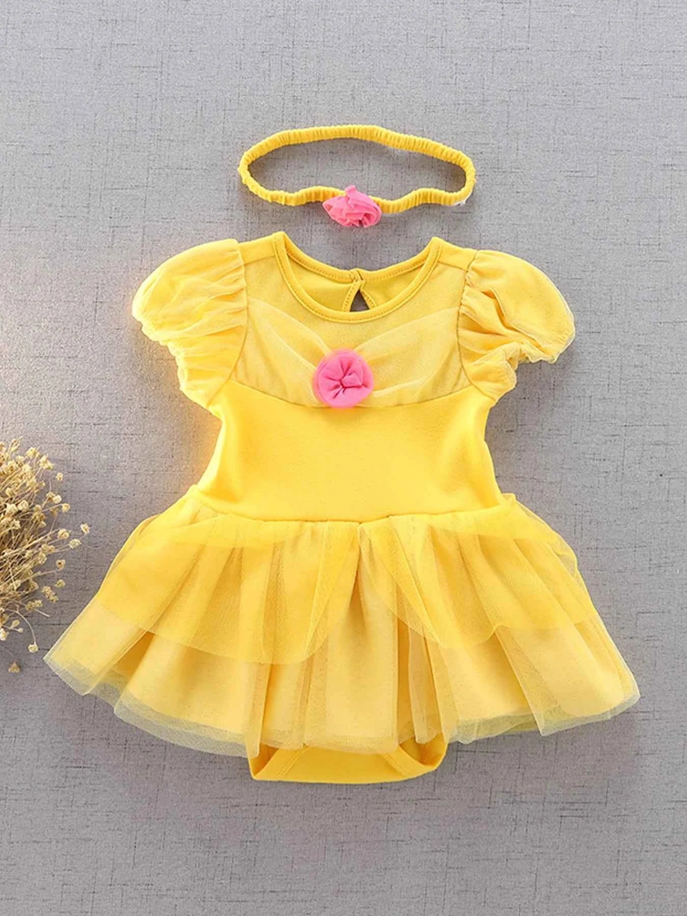 Baby Girl Birthday Outfit Set Short-sleeved Bodysuit Princess Romper Dress With Headband Yellow 3D Floral Girl Clothes 3-18M