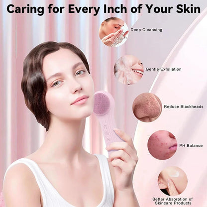 Sonic Facial Cleaning Brush Scrubber Waterproof Exfoliating Vibration Heating Compress Brush Deep Clean Face Cleaner Skin Care