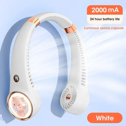 Bladeless Neck Fan 2000mAh USB Rechargeable Digital Display Cute Cat Hanging Mini for Travel Office