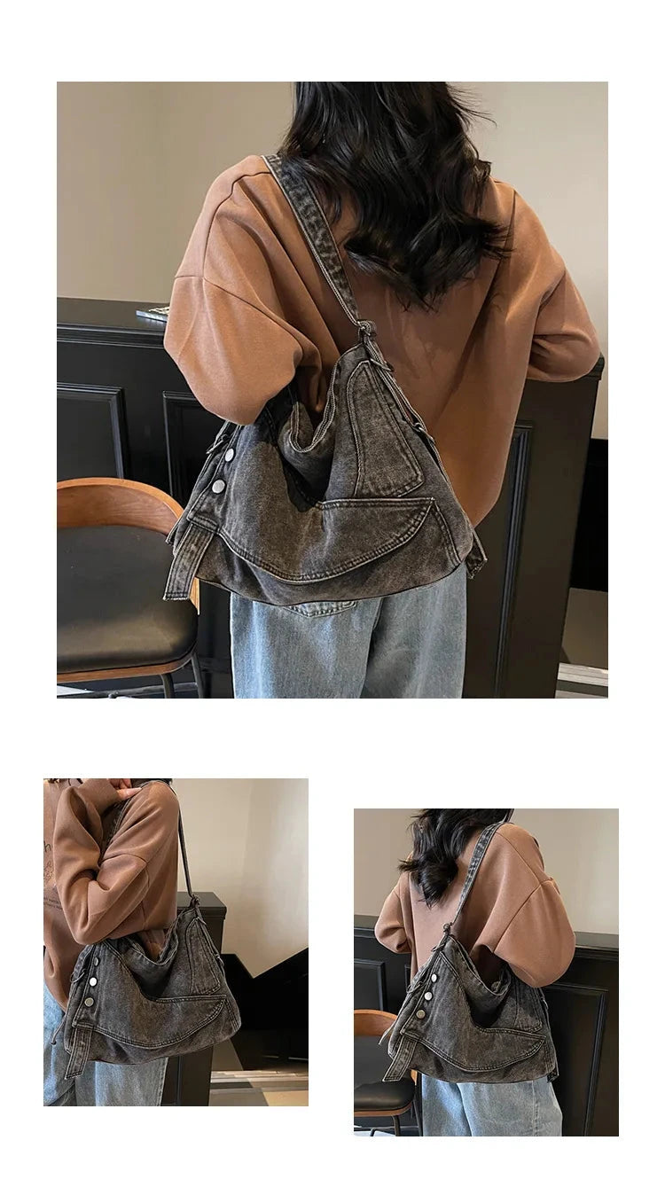 2025 New Women's Denim Tote Bag - Retro Crossbody Shoulder Bag with Large Capacity for Work & Commute, Fashionable Denim Handbag