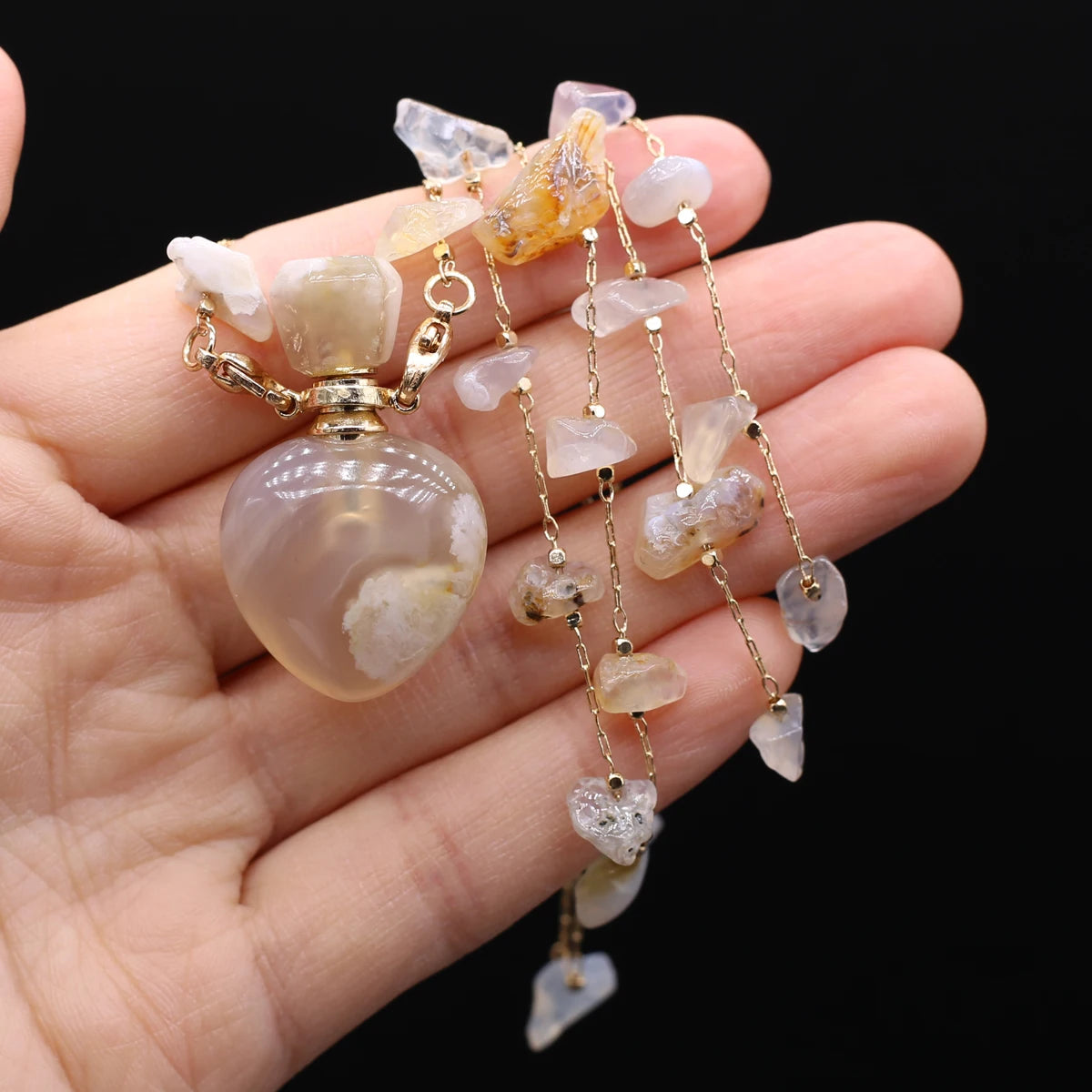 Perfume Bottle Necklace Natural Stone Cherry Blossom Agate Perfume Bottle Pendant For Women Christmas Halloween Gift Chain 80cm - AMULET RING STORE