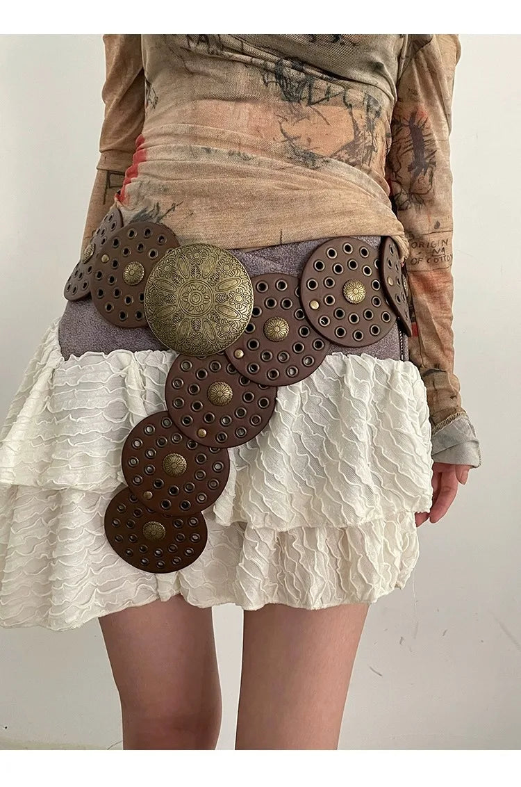 Spice Girl Y2K Harajuku Style Vintage Rivet Patchwork Design Wide Belts For Women High Street Faux Leather Waistband cinturones - AMULET RING STORE