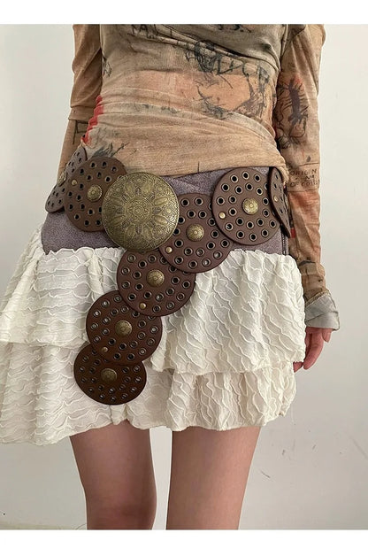 Spice Girl Y2K Harajuku Style Vintage Rivet Patchwork Design Wide Belts For Women High Street Faux Leather Waistband cinturones - AMULET RING STORE