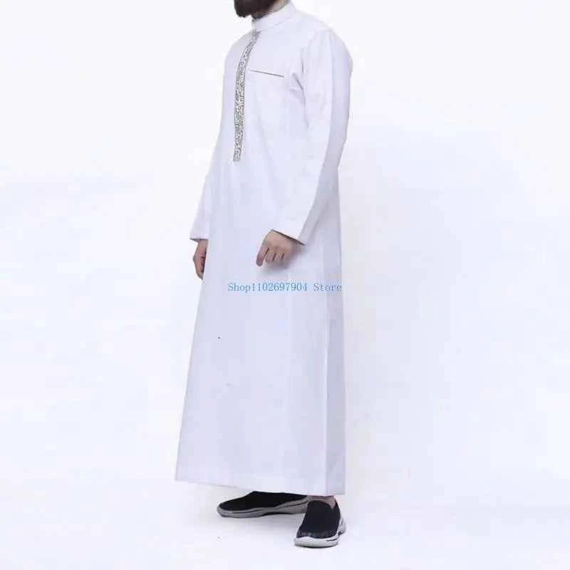N7YF Mens Robe Muslim Clothes Loose Neck Arab Middle Durable Kaftan Muslim Thobe Dubai Long Sleeve Gown Ethnic Clothes