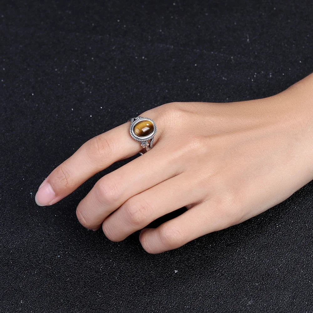Natural 8*10MM Tiger's Eye Stone Finger Ring Fashion Jewelry Rings for Women Gift S925 Silver Flower Shaped Ring