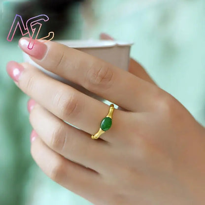 Green Natural Jade Bamboo Rings Stone Carved Gemstone Vintage Charm Lucky Talismans Adjustable Ring Real Jewelry