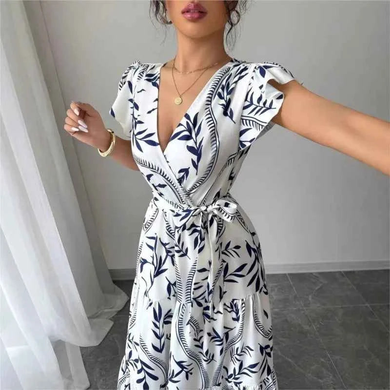 New Summer Women's Printed Lace-up Dress,Short Sleeved Dresses,White Dresses,Elegant Dresses For Ladies,Woman's 2025 Clothing