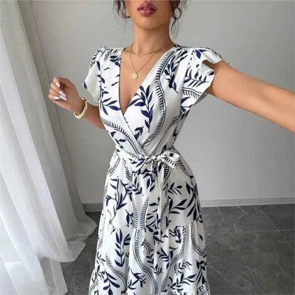 New Summer Women's Printed Lace-up Dress,Short Sleeved Dresses,White Dresses,Elegant Dresses For Ladies,Woman's 2025 Clothing