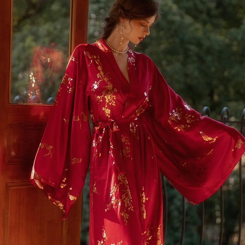 Luxury Burgundy Kimono Robe Women Wedding Bride Bathrobe Sexy Bronzing Flower Morning Dressing Gown Elegant Sleepwear Nightgown - AMULET RING STORE