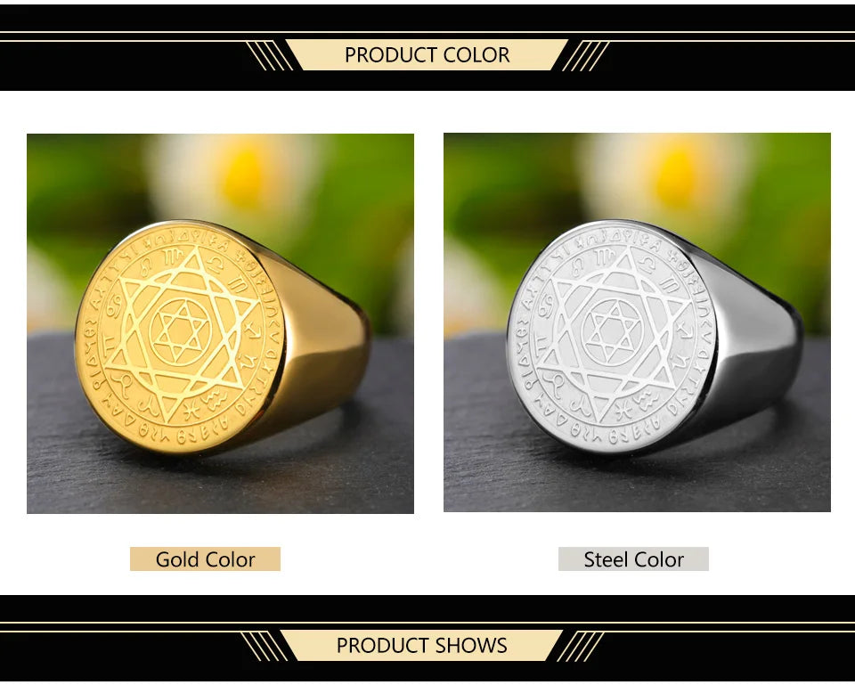 Dawapara Talisman Seal Solomon Ring Hexagram 12 Constellation Kabbalah Prosperity Good Health Amulet Stainless Steel Jewelry - AMULET RING STORE