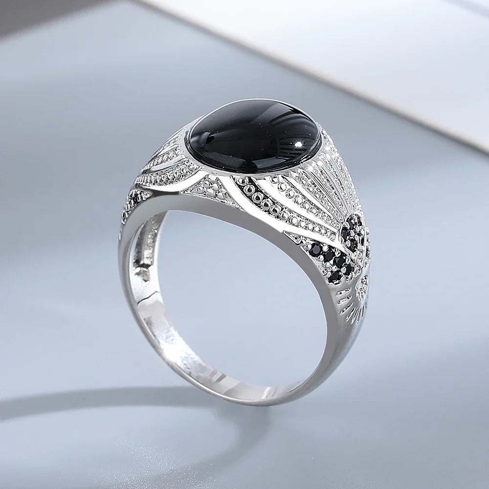 S925 Silver Jewelry Ring Natural Oval Rectangle Big Black Agate Stone Vintage Ring For Women Party Gifts