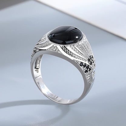 S925 Silver Jewelry Ring Natural Oval Rectangle Big Black Agate Stone Vintage Ring For Women Party Gifts