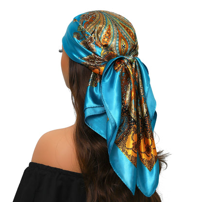 Head Scarf Women Luxury Brand Square 90*90cm Silk Foulard Satin Bandana Cheveux Soft Neckerchief Hijab Hair Scarves For Ladies - AMULET RING STORE