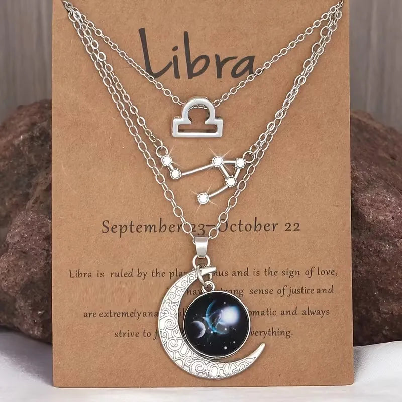 3 Pieces/Set Zodiac Retro Moon Glow Pendant Necklace Set with Birthstone Cards, Birthday Gift for Besties and BFFs