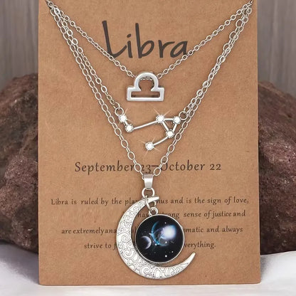 3 Pieces/Set Zodiac Retro Moon Glow Pendant Necklace Set with Birthstone Cards, Birthday Gift for Besties and BFFs