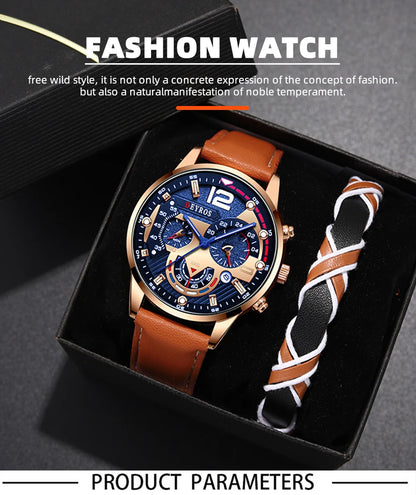 2PCS Set Fashion Mens Calendar Watches Luxury Male Business Casual Brown Leather Quartz Watch Men Bracelet Wrist Watch - AMULET RING STORE