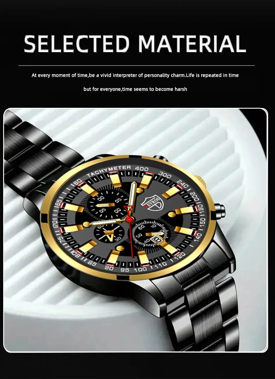 Luxury Men's Casual Fashion Business Gold Needle Digital Steel Band Quartz Watch Calendar Designed For Successful Men Classic - AMULET RING STORE