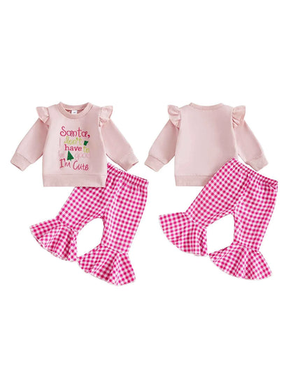 Infant Girls Christmas Outfit Set with Embroidered Letters Pullover and Plaid Bell Bottoms - 2 Piece Holiday Ensemble