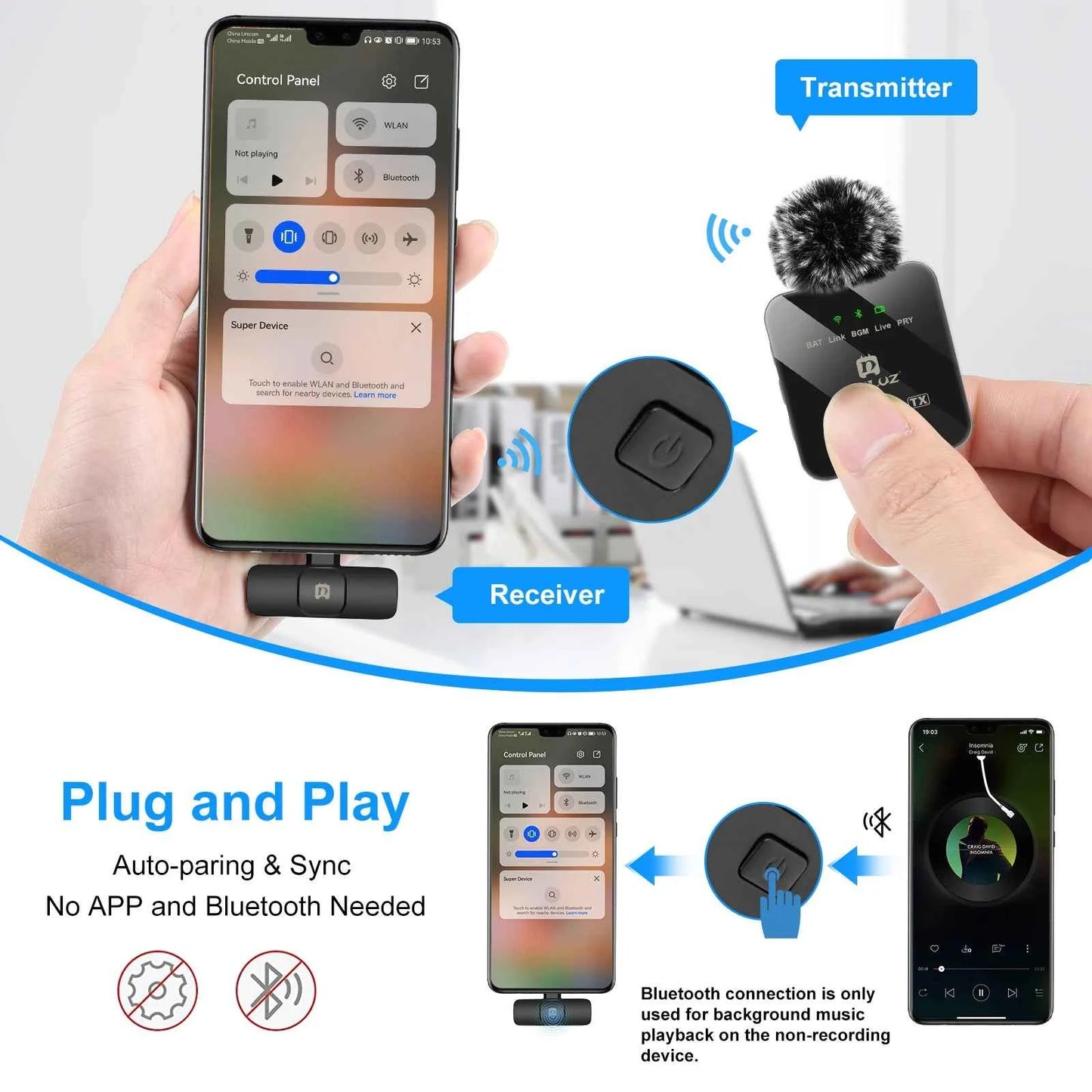 PULUZ 2.4G Wireless Lavalier Microphone Live Broadcast Gaming Microphone For iPhone Type-C Android Camera Audio Video ForYouTube
