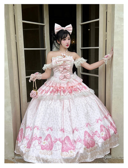 Sweet Princess Style Birthday Anniversary Wedding Dress New Lolita Cute Bow Sexy Strapless Girl Temperament Puffy Lace Dresses