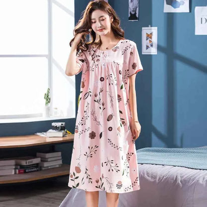 2025 Summer Small Floral Night Dress Women Nightgown Big Yards 3XL Sleepshirts Short-sleeves Nightie Nightdress Cotton Sleepwear